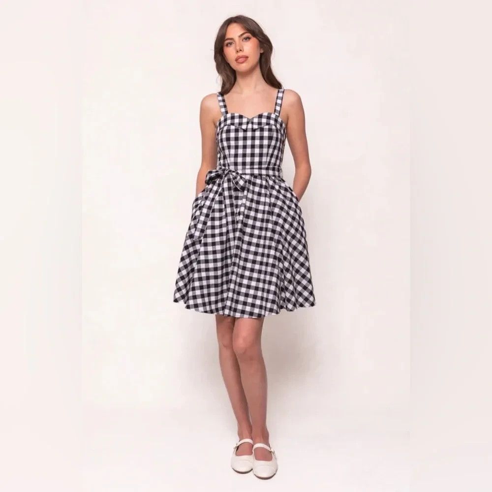 Ivy City Co Patty Dress Size S Gingham Black White Sweetheart Pockets Picnic